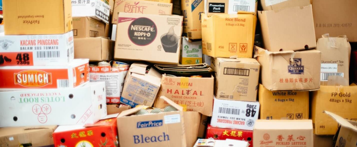 large pile of moving boxes