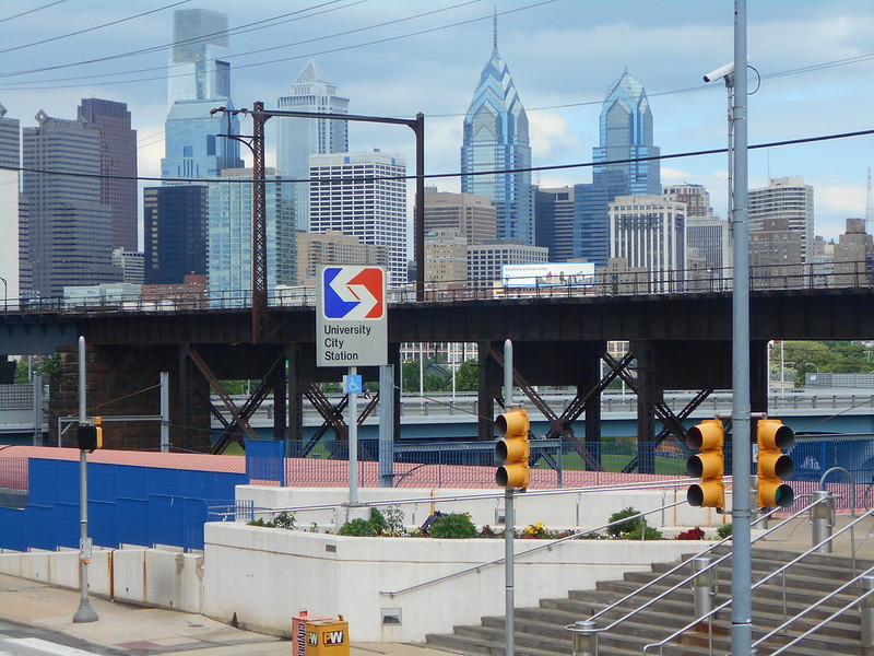 University City Station with Philadelphia skyline in background.